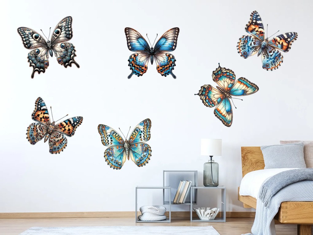 Motýliky textilní prelepiteľné nálepky na stenu list 47 x 28 cm