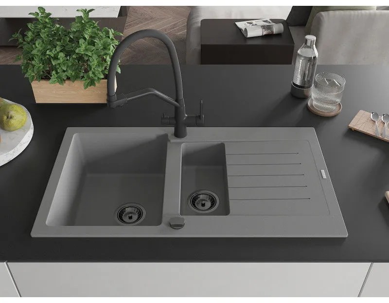Mexen Matias, 1,5-komorový granitový drez 900x505x200 mm a drezová batéria Duo, šedá, 6502-71-671701-70-B