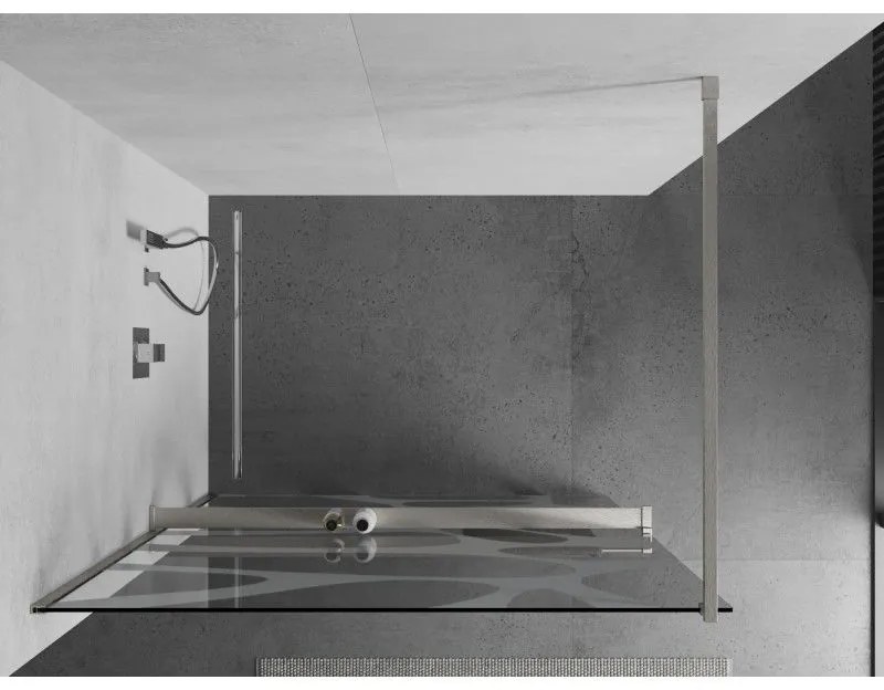 Mexen Kioto+, sprchová zástena Walk-In s poličkou a vešiakom 140 x 200 cm, 8mm číre sklo biely vzor, brúsená oceľ profil, 800-140-121-97-97