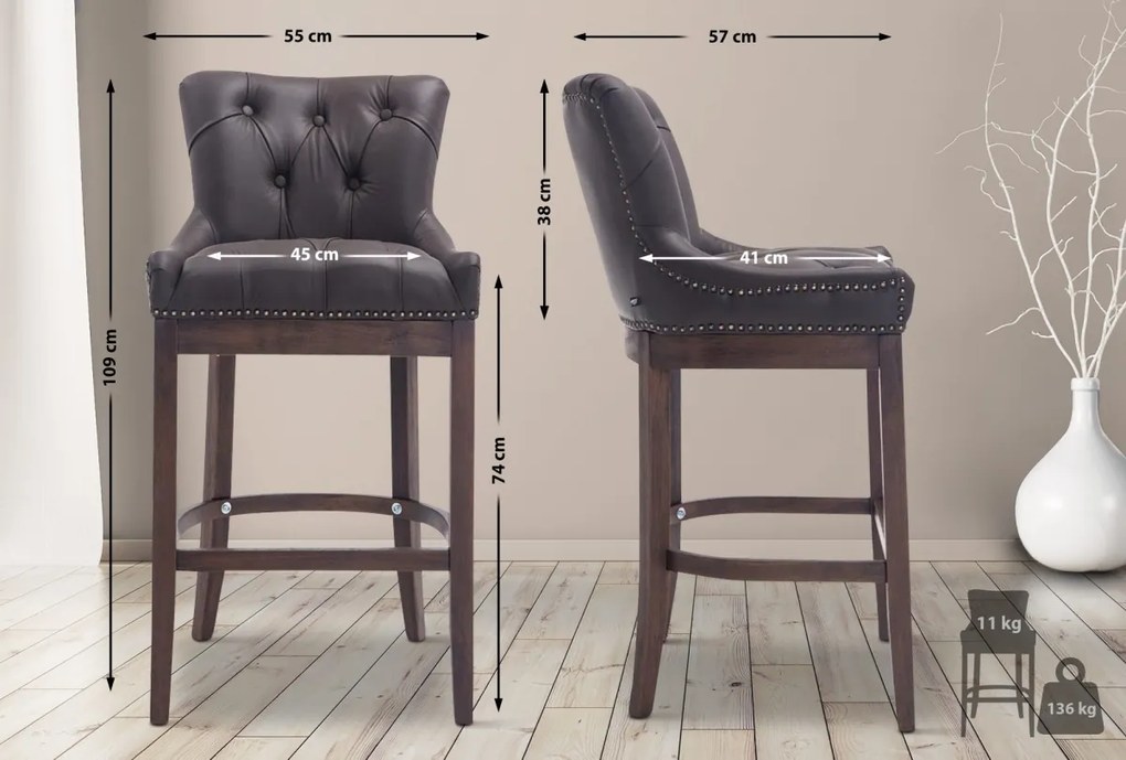 Barová stolička Buckingham - koža, drevené nohy tmavá antik - Hnedá
