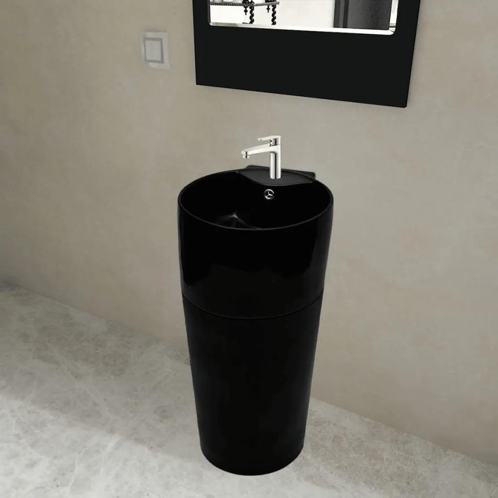 vidaXL Čierne stojace okrúhle keramické umývadlo do kúpeľne s prepadom a otvorom na batériu