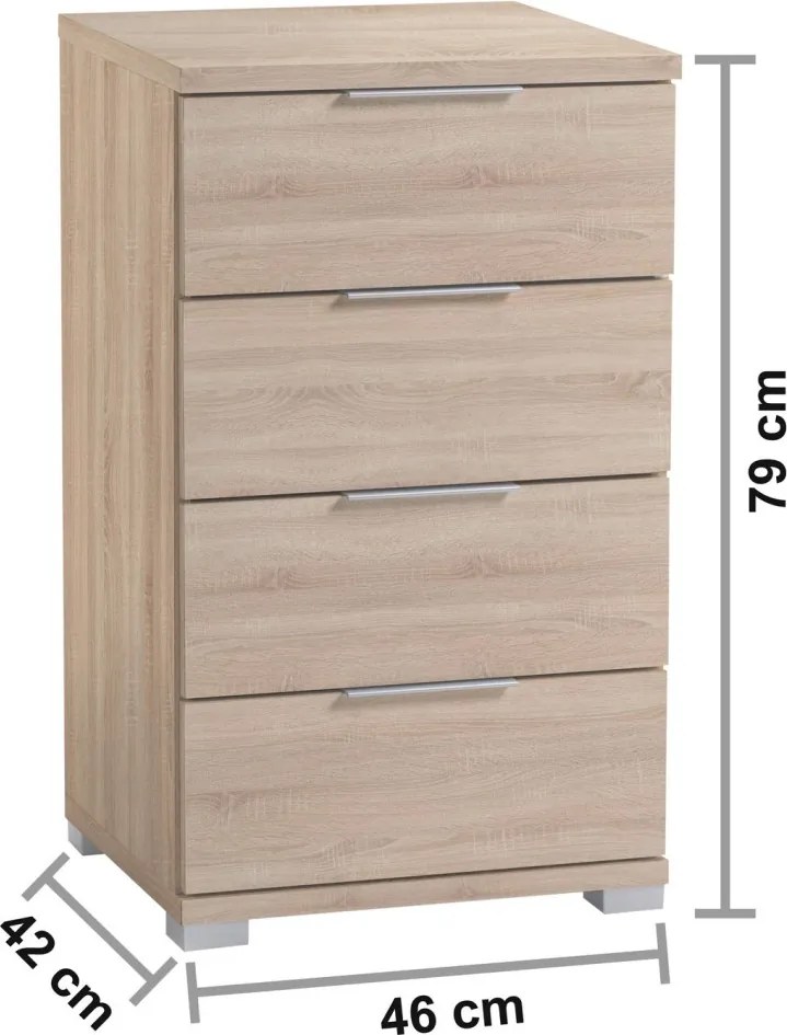 Nočný stolík/skrinka so 4 zásuvkami Smilla, výška 79 cm, dub sonoma