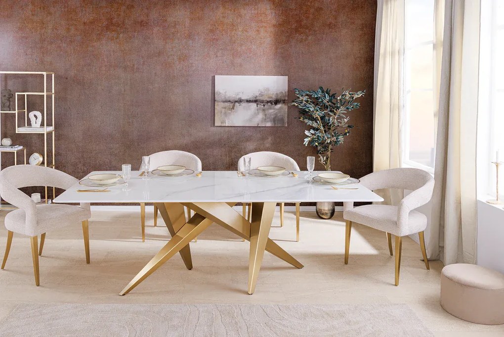 Jedálenský stôl ART LIVING 200 cm s keramickou doskou z bieleho mramoru a rámom v šampansko-zlatej farbe