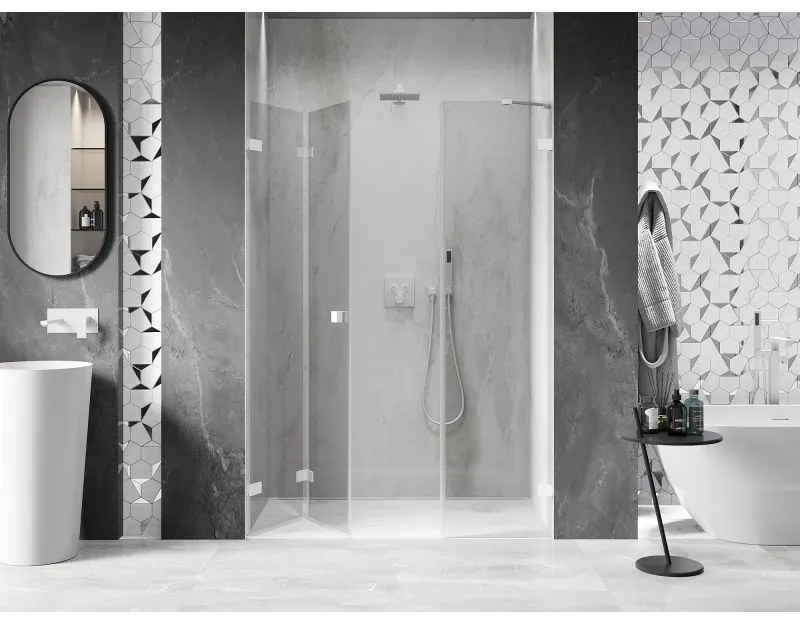 Mexen Lunar-F, ľavé sklápacie sprchové dvere 145 cm, 8mm číre sklo, biely profil, 836S-145-050-20-00-L