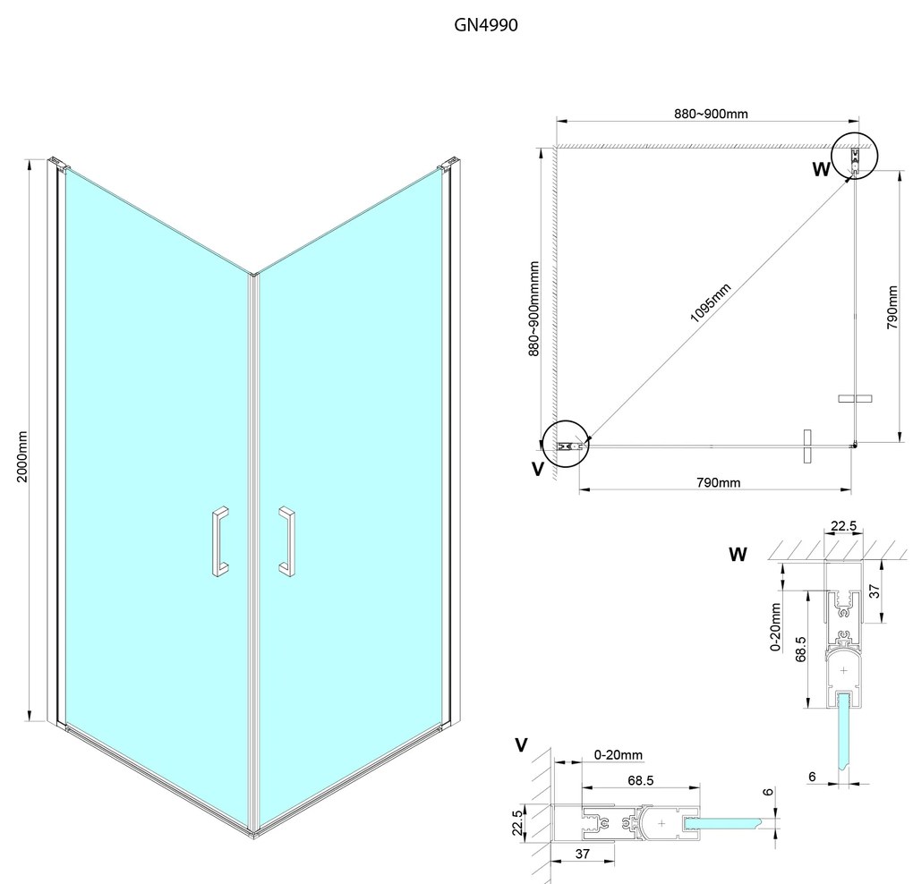 Gelco, LORO sprchové dvere jednodielne rohový vchod 900 mm, číre sklo, GN4990