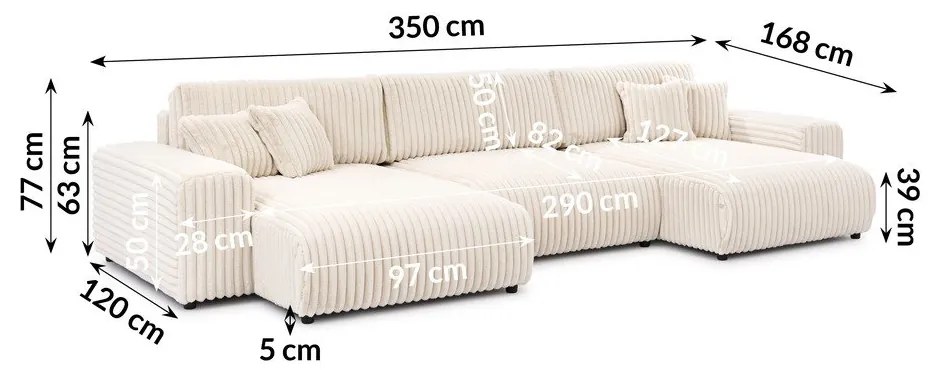 Krémová menčestrová rozkladacia/s úložným priestorom rohová pohovka (do tvaru "U") Sarina – Ropez