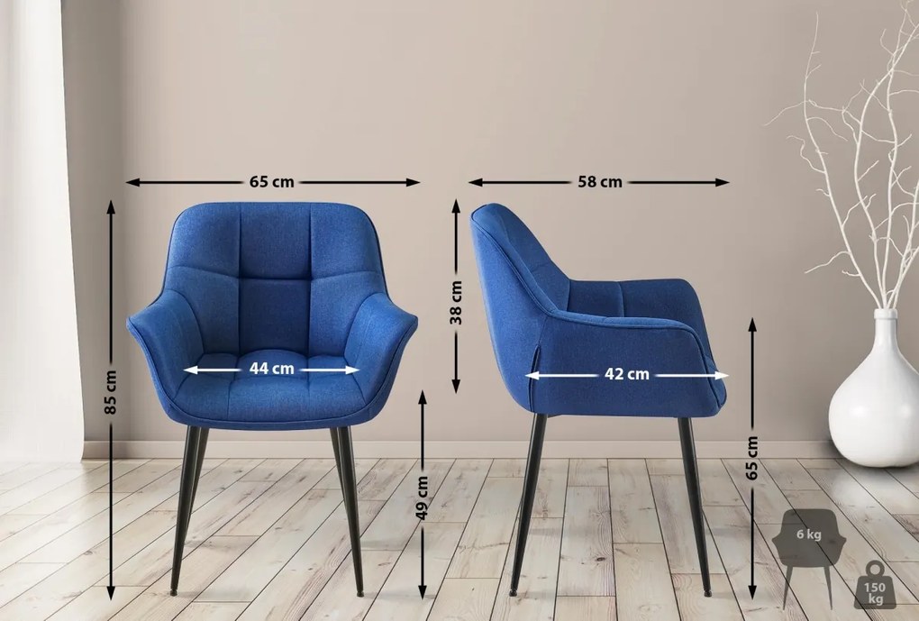 Stolička s podrúčkami Roseville - látka, nohy čierny kov - Modrá