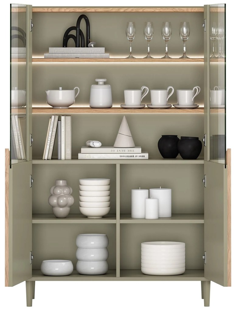 Vitrína Amilio 100 cm dvojdverová na nožičkách - eukalyptus / dub baltic dune / úchyty dub prírodný