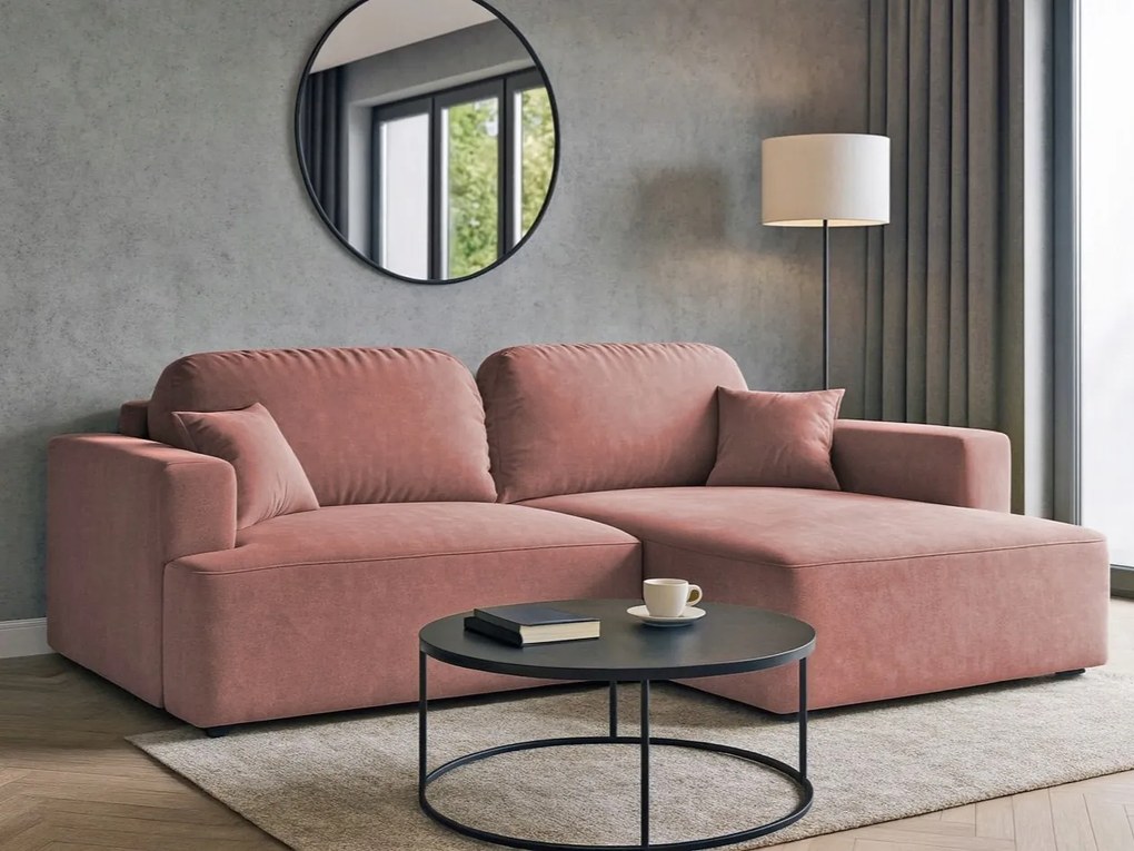 Rohová sedačka s funkciou spania Sunny pravá s úložným priestorom na posteľnú bielizeň, ružový velúr