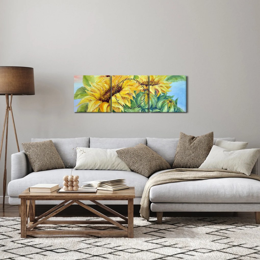 Obraz rozkvitnutých slnečníc (s hodinami) (90x30 cm)