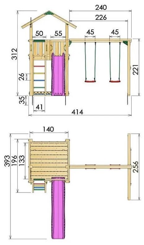 Ihrisko Jungle Chalet so šmykľavkou a modulom 2-Swing Frame 2.0