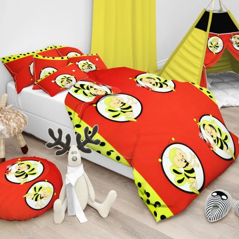 Obliečky bavlnené detské Včielky červené TiaHome - 1x Vankúš 90x70cm, 1x Paplón 140x200cm