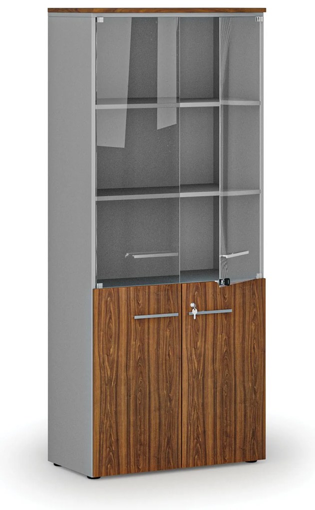 Kombinovaná kancelárska skriňa PRIMO GRAY s drevenými a sklenenými dverami, 800 x 420 x 1781 mm, sivá/orech