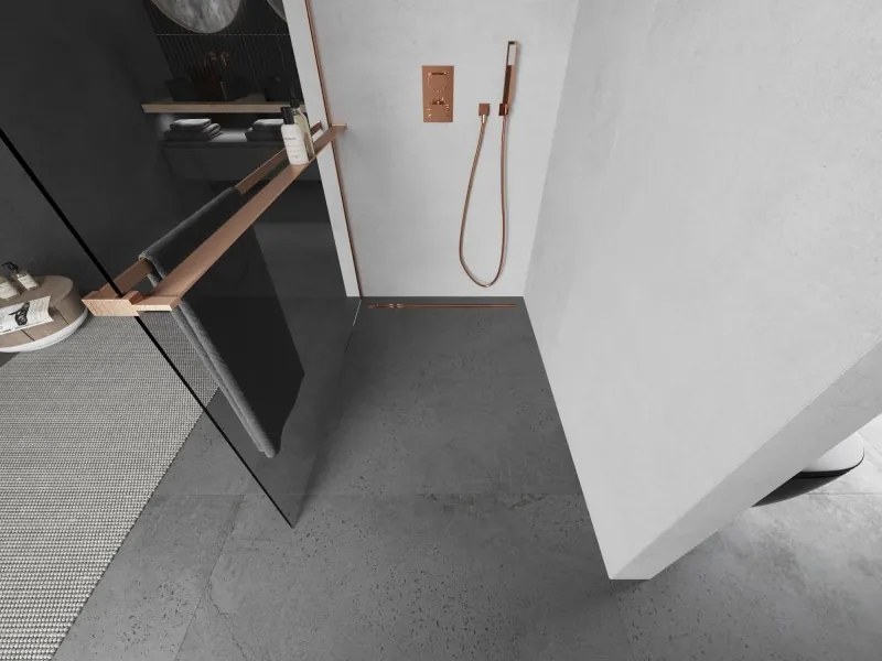 Mexen Kioto+, sprchová zástena Walk-In s poličkou a vešiakom 75 x 200 cm, 8mm číre sklo, medený matný profil, 800-075-121-65-00