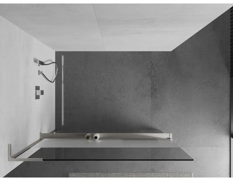 Mexen Kioto+ L, sprchová zástena Walk-In s poličkou a vešiakom 70 x 200 cm, 8mm číre sklo-námraza, brúsená oceľ profil, 800-070-123-97-35