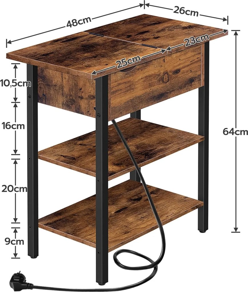 Odkladací stolík Vasagle Frenzy 48 cm s nabíjacou stanicou hnedý/čierny