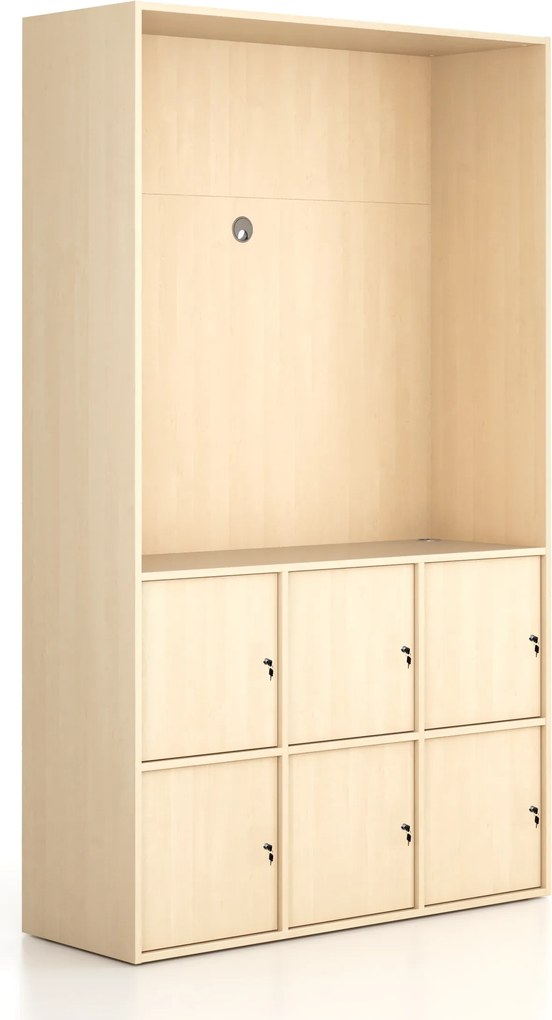 Kancelárska skriňa FRAME, 6x dvere, priestor pre TV, 1299 x 450 x 2162 mm, cylindrický zámok, breza