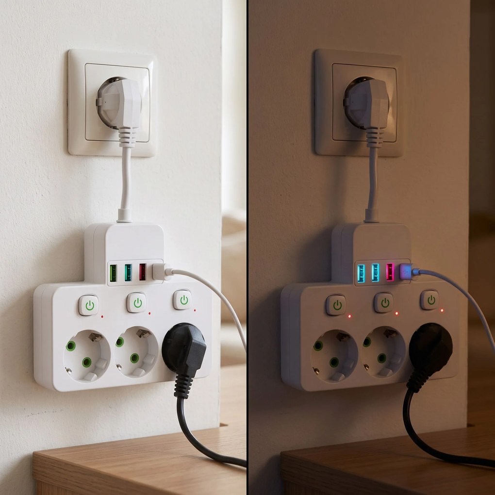 Toolight Toolight, JNH018, zásuvkový rozbočovač 3 zásuvky + 3× USB-A + USB-C s LED svetlom, biela, OSW-56306