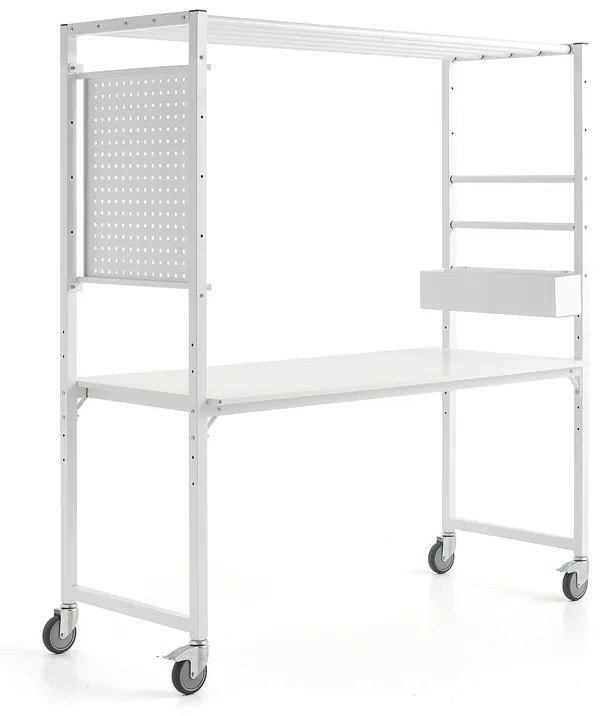 Mobilný multifunkčný stôl TEAMWORK, box na príslušenstvo, panel na náradie, biela