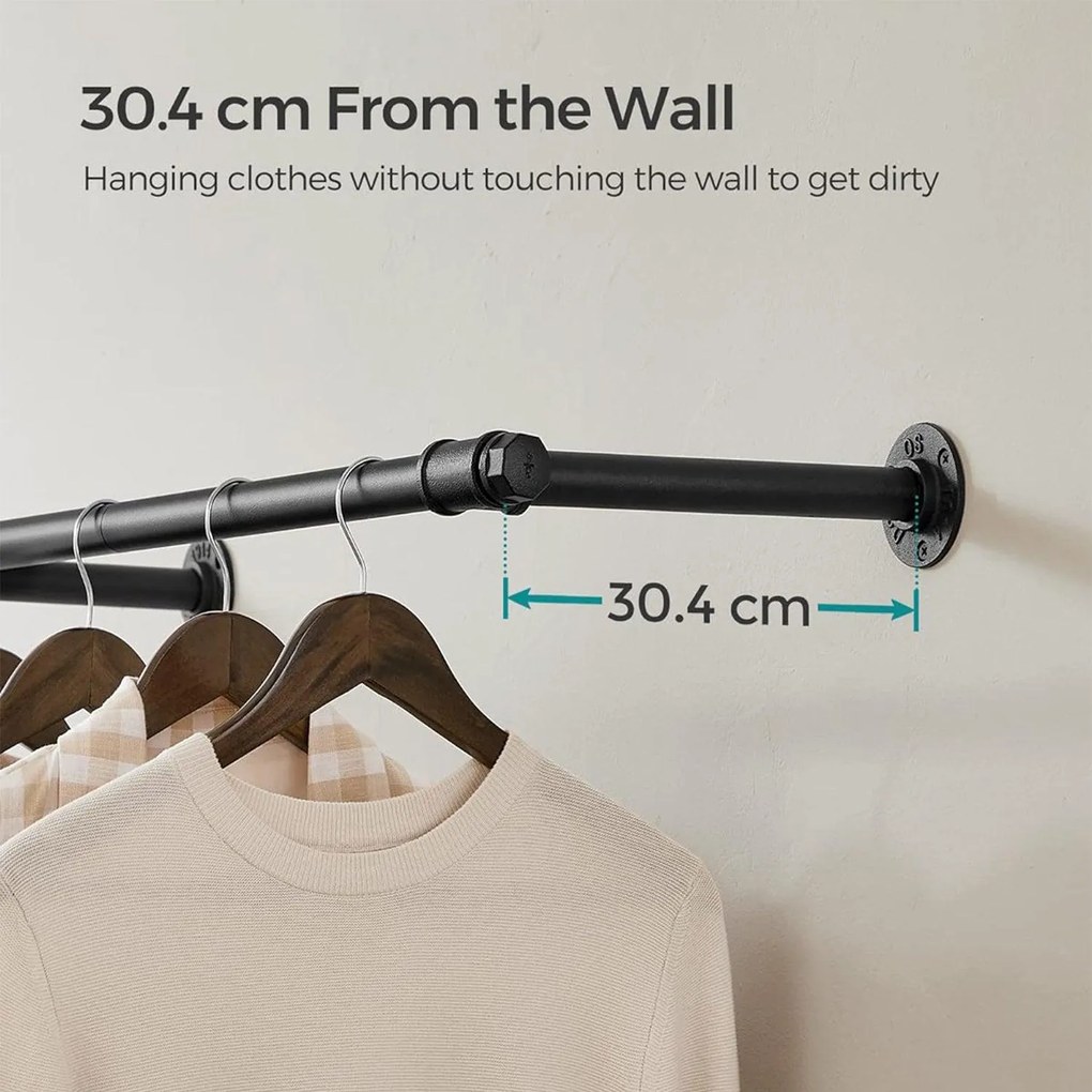 Nástenná tyč na šaty, nástenný vešiak, priemyselný štýl, čierny