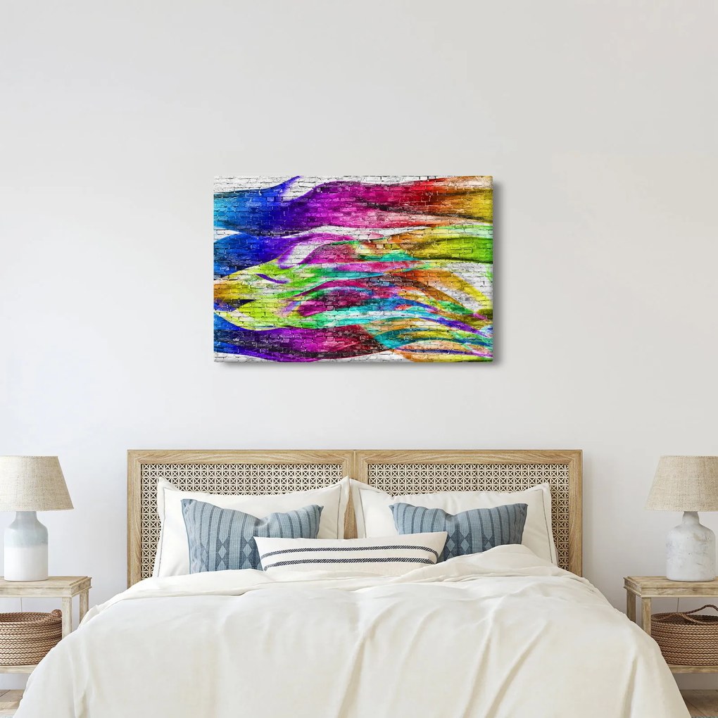Obraz - Tehlový múr s farebnými plameňmi (90x60 cm)