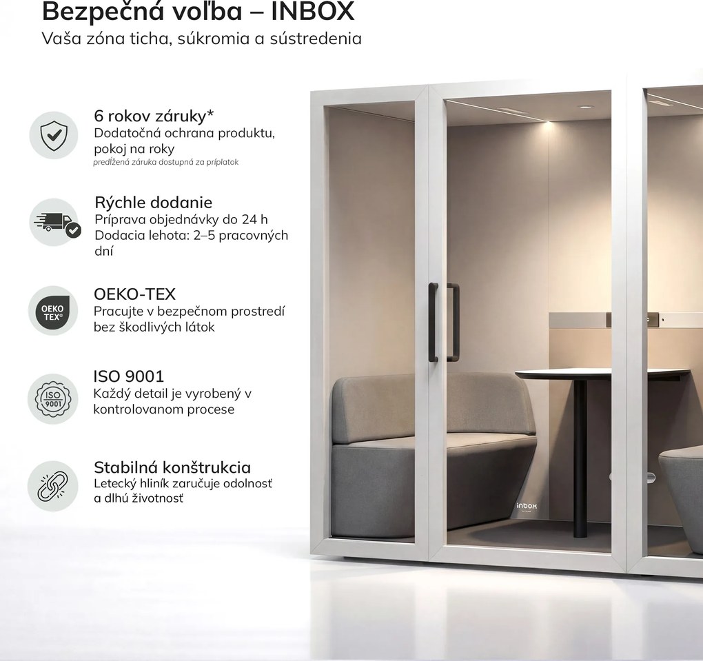 Akustická kancelárska kabína INBOX pre 4 osoby 2200 × 2200 × 1220 mm