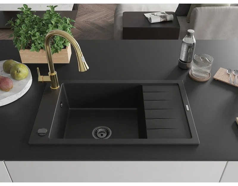 Mexen Elias, 1-komorový granitový drez 795x480x200 mm a drezová batéria Elia, čierna, 6511-77-670101-50-B