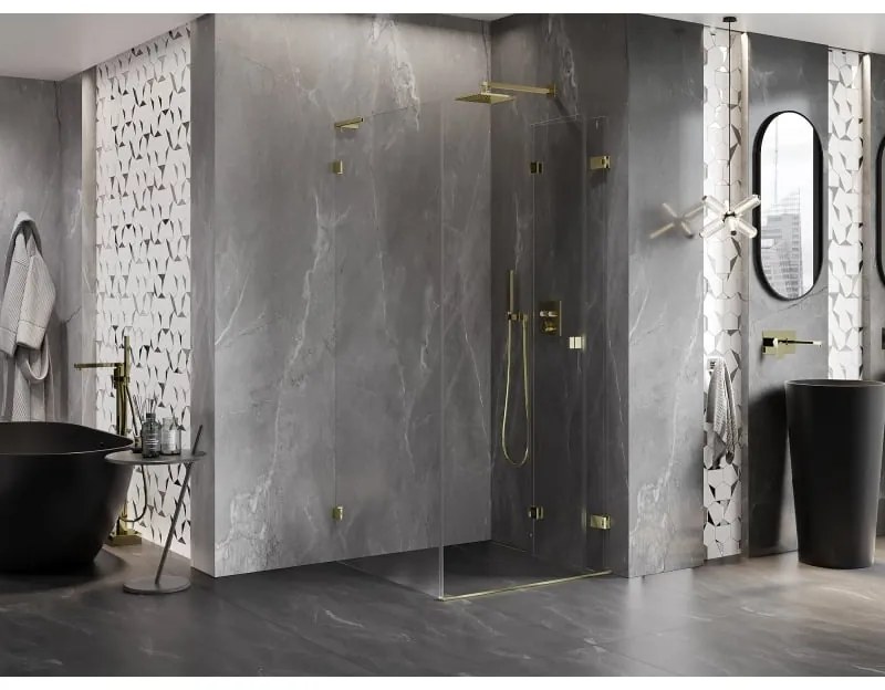 Mexen Lunar-F L, sklápací sprchový kút pravý 90 x 90 cm, 8mm číre sklo, zlatý profil, 836L-090-090-50-00-P