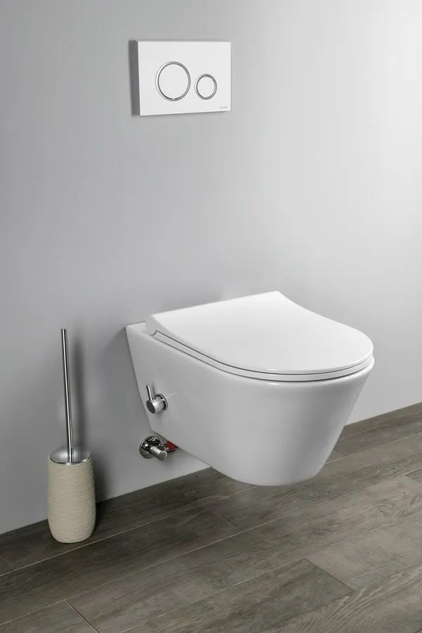 Sapho Sapho, závesné WC AVVA Rimless, integr. batérie a bidet. spŕška s podomietkovou nádržkou a tlačidlom Schwab, biela, 100315-SET5