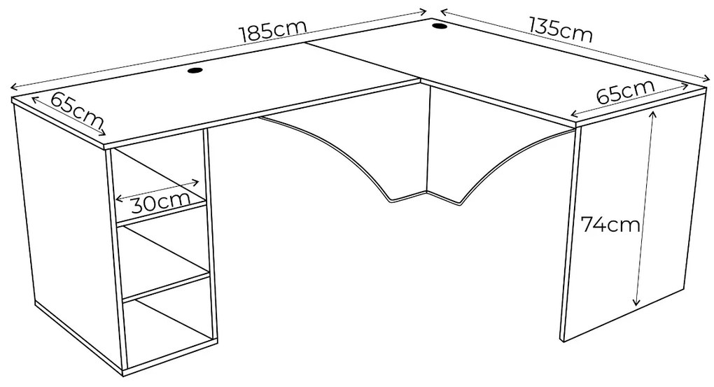 Počítačový rohový stôl CARBON + LED, 185x74x135, biela, pravá