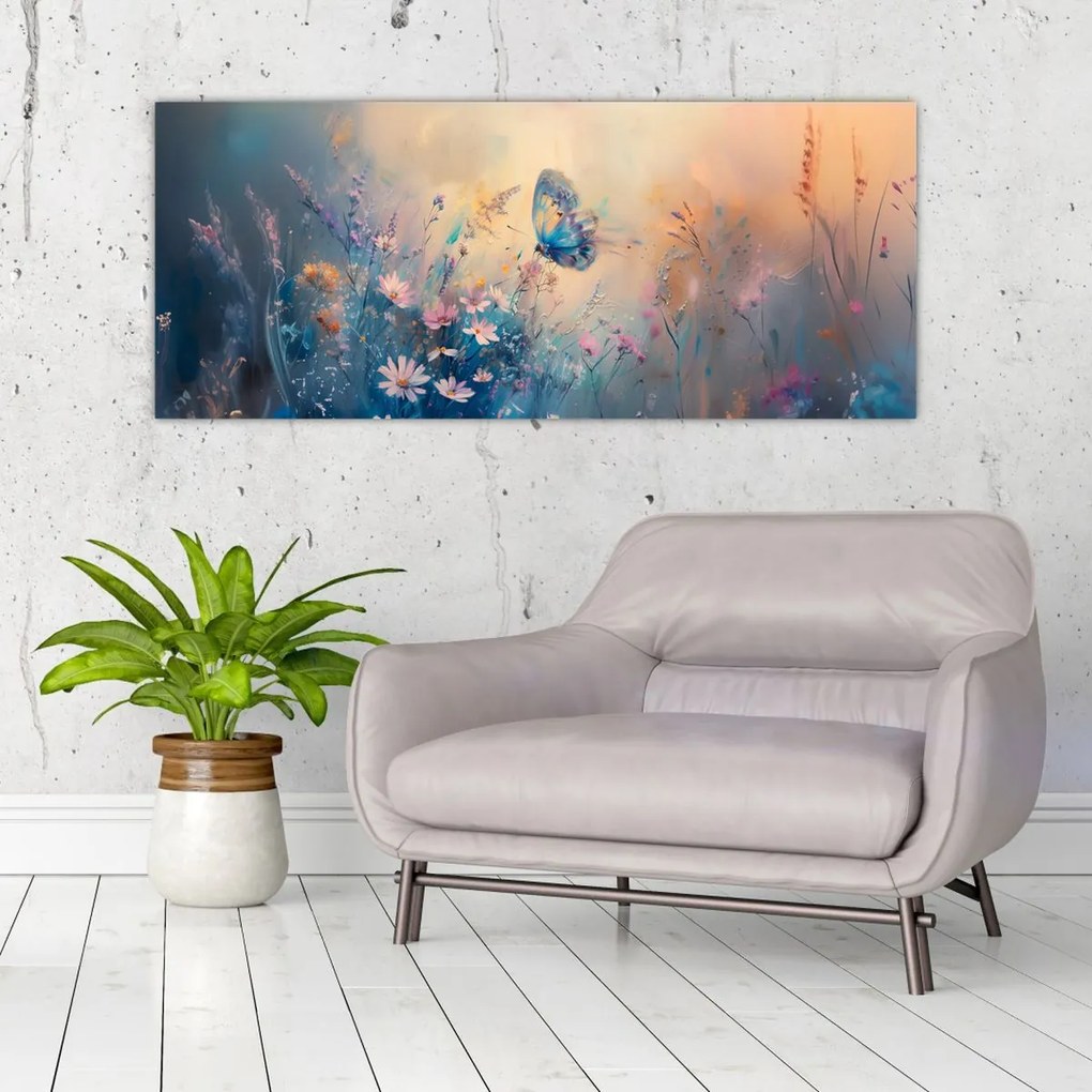 Obraz - Lúka s motýľom (120x50 cm)
