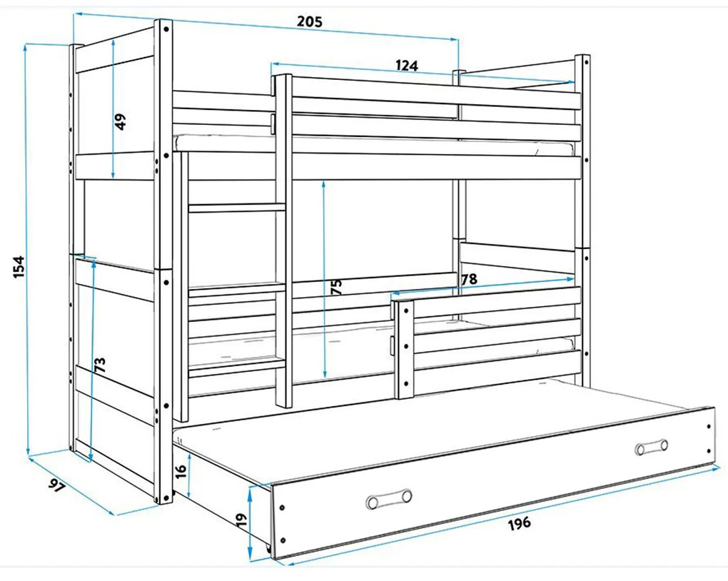 Detská poschodová posteľ s výsuvnou posteľou RICO 200x90 cm Biela Sivá