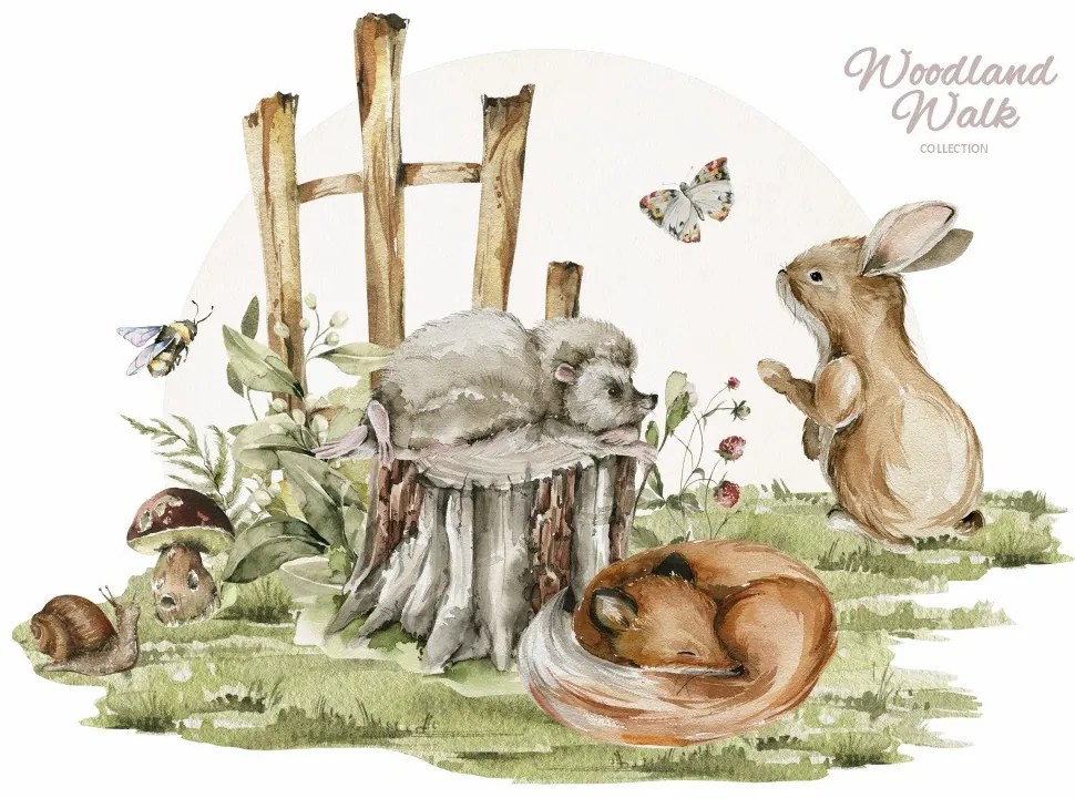 Gario Detská nálepka na stenu Woodland walk - ježko, zajačik a líška Rozmery: 95 x 69 cm