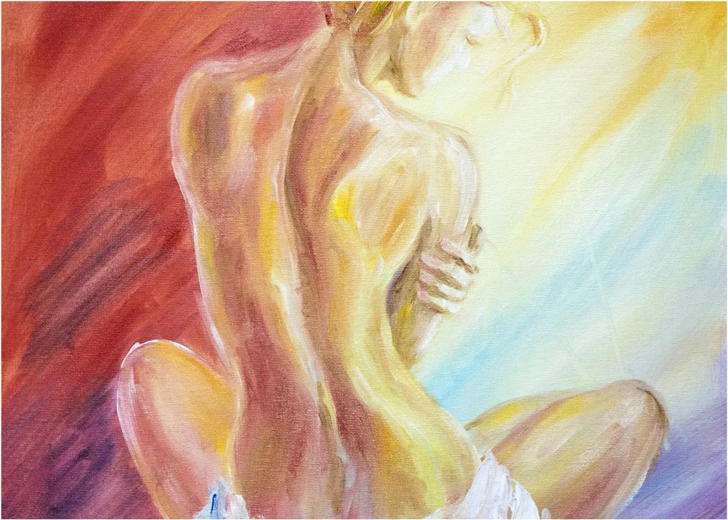 Sklenený obraz odpočívajúce ženy, olejomaľba (70x50 cm)
