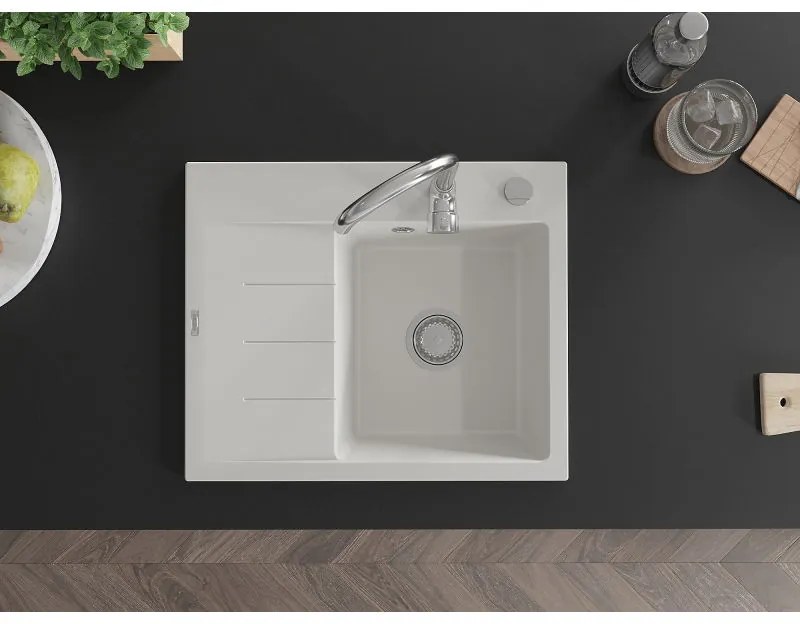 Mexen Ben, 1-komorový granitový drez 600x500x190 mm, pravý + chrómový sifón, biela, 6523605000-20