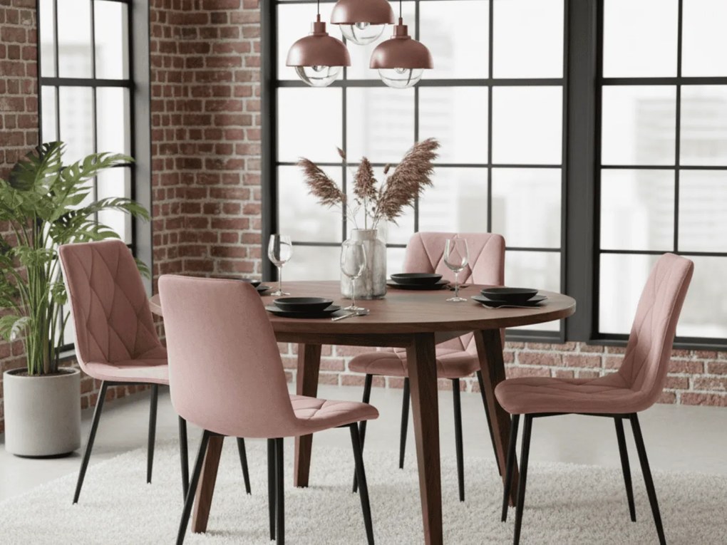 Ružová zamatová jedálenská stolička LIBRA s čiernymi nohami