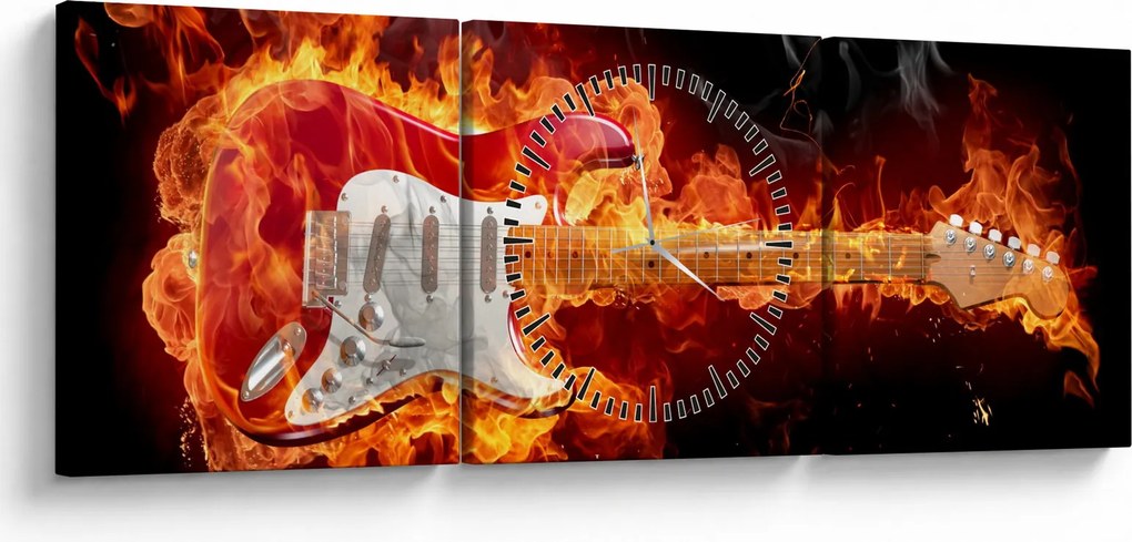 Obraz - Gitara v plameňoch (s hodinami) (90x30 cm)