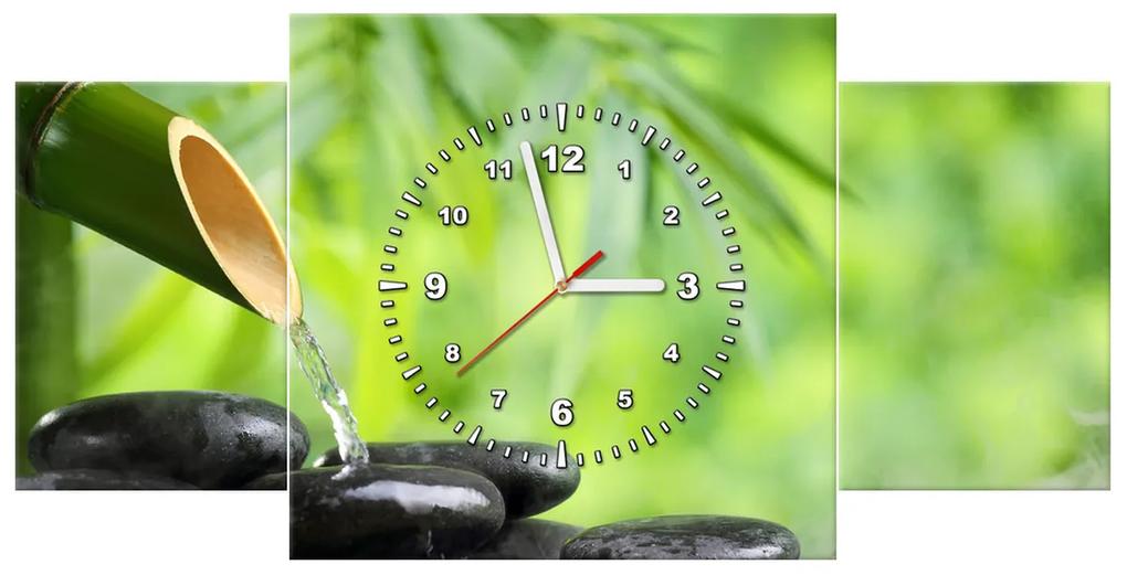 Gario Obraz s hodinami Bambusový pramienok a kamene - 3 dielny Rozmery: 80 x 40 cm