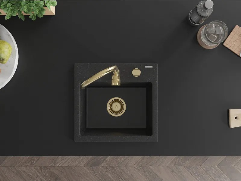 Mexen Milo, granitový drez 435x410x171 mm, 1-komorový, čierna-strieborná metalíza so zlatým sifónom, 6505441000-73-G