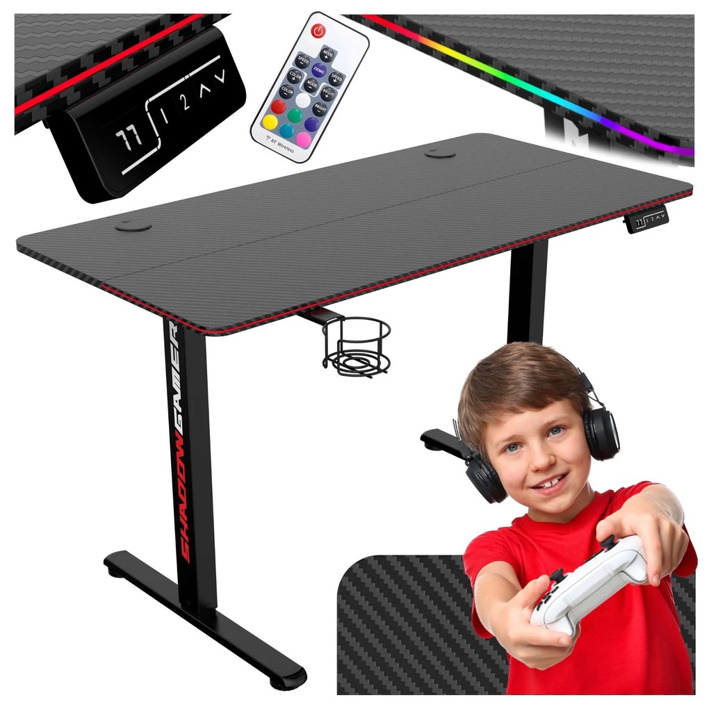 Výškovo nastaviteľný elektrický herný stôl SHADOW GAMER 2.0 LED RGB 120 cm čierny
