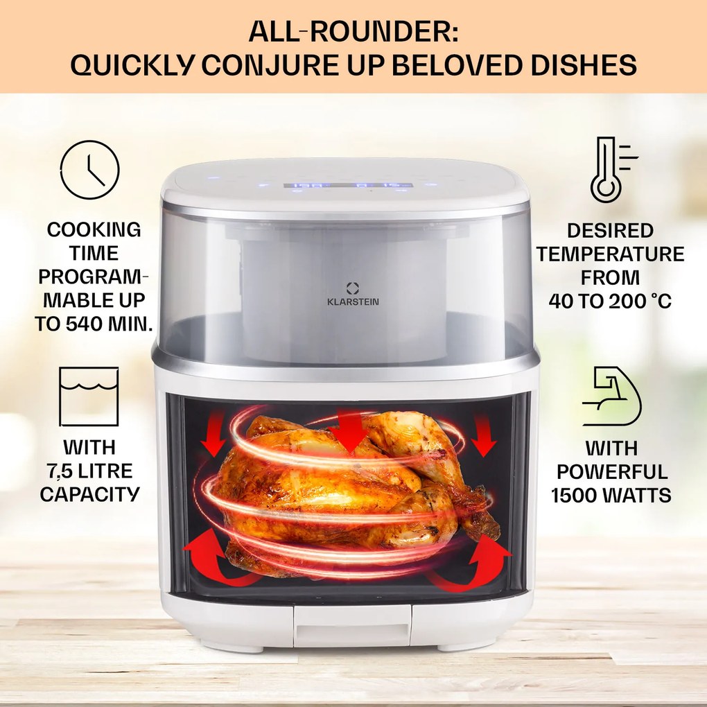 Klarstein Air Bloom, teplovzdušná fritéza, 1500 W, 7,5 l, 16 programov, s funkciou naparovania
