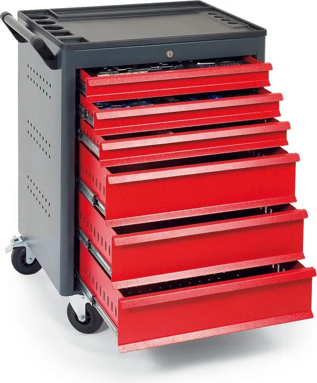 Pojazdný dielenský vozík na náradie GD, 6 zásuviek, 705 x 545 x 960 mm, grafit / červená