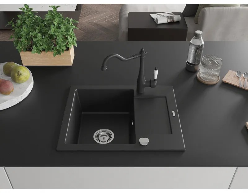 Mexen Enzo, granitový drez 576x465x174 mm, 1-komorový a drezová batéria Carla, čierna, 6506-77-670700-70