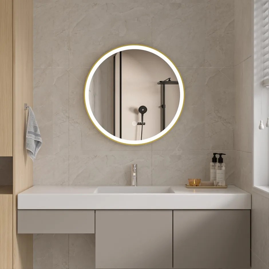 Erga Olivia, okrúhle LED zrkadlo 60cm, zlatý kovový rám, 1380 lm, 6500K, predné osvetlenie, ERG-V01-202-6060-GD