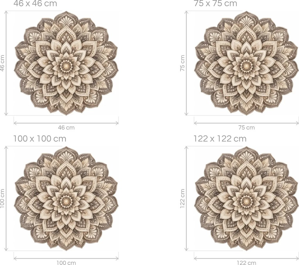 Sivobéžová kvetinová mandala upokojujúca textilná znovu prilepiteľná nálepka na stenu arch 75 x 75 cm