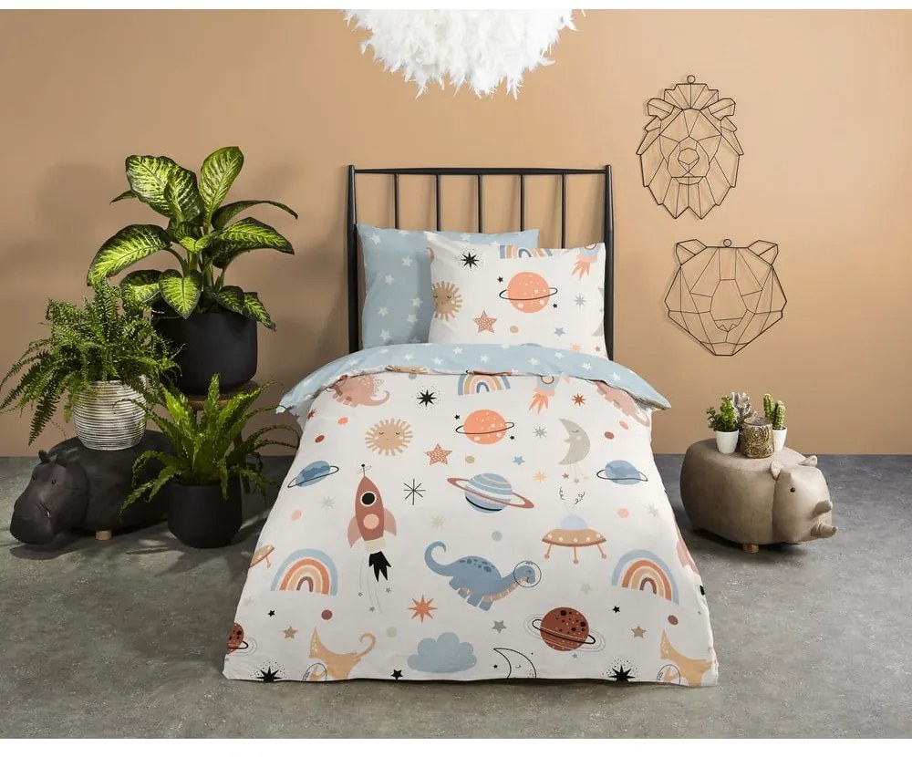 Modré/béžové bavlnené detské obliečky do postieľky 100x135 cm Eclips – Good Morning