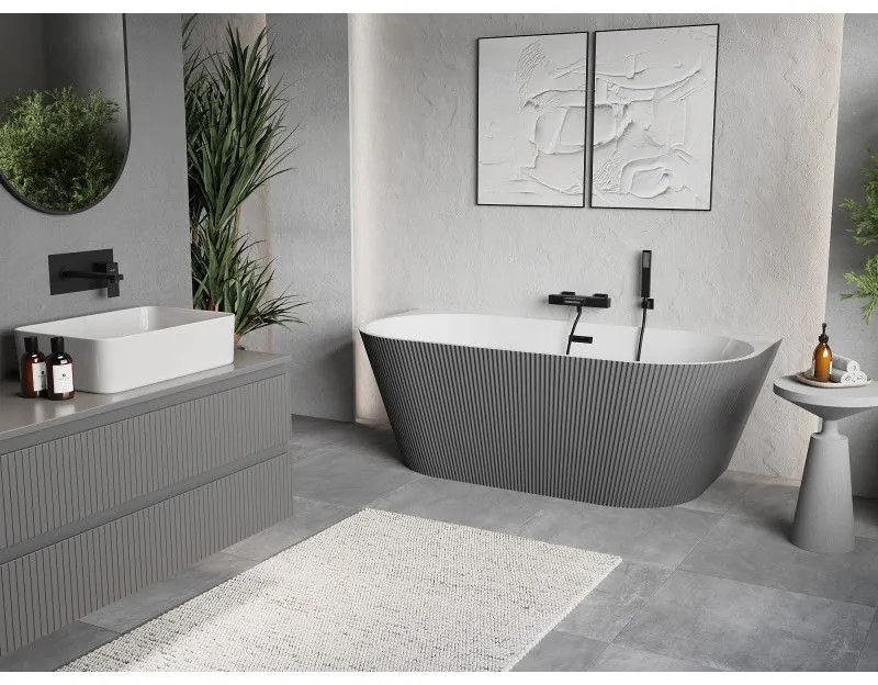Mexen Oris, voľne stojaca ryhovaná vaňa 170 x 80 cm, biela-šedá, čierny matný prepad, 52871708062-70