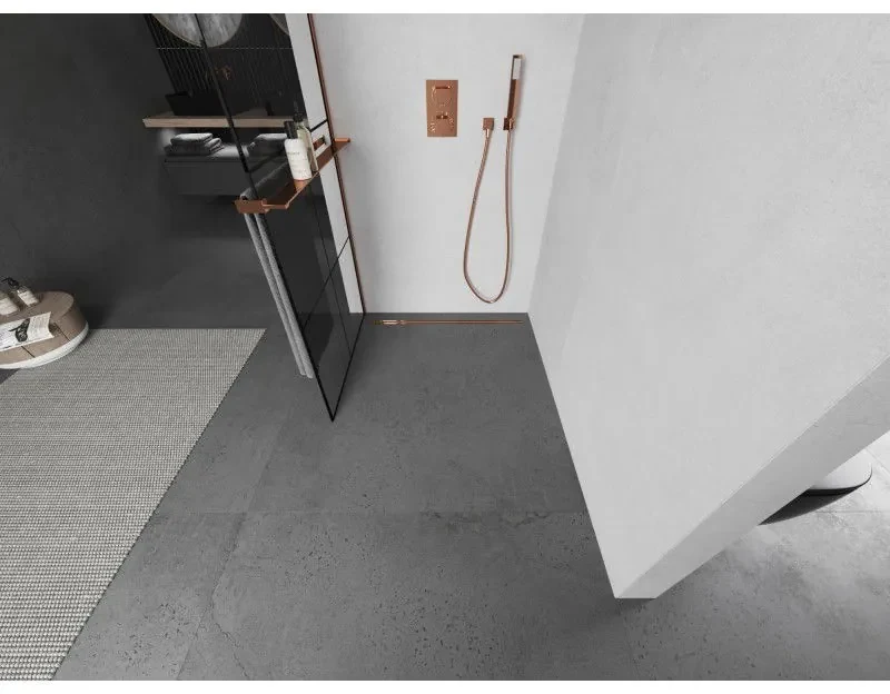 Mexen Kioto+ L, sprchová zástena Walk-In s poličkou a vešiakom 80 x 200 cm, 8mm číre sklo čierny vzor, ružové zlato profil, 800-080-123-60-77