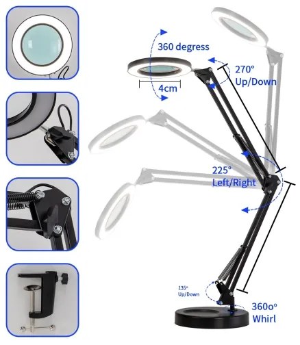 Brilagi - LED Stmievateľná stolná lampa s lupou LED/12W/5V 3000/4200/6000K čierna