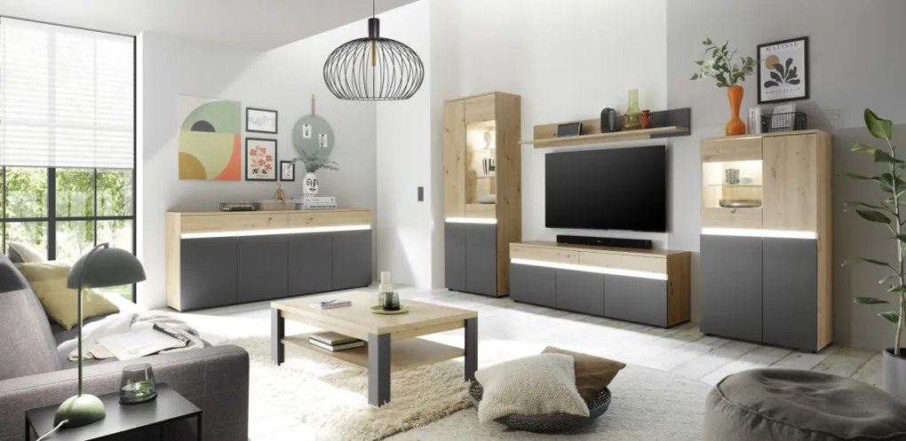 TV skříňka s policí Lille, dub artisan/antracit, s osvětlením